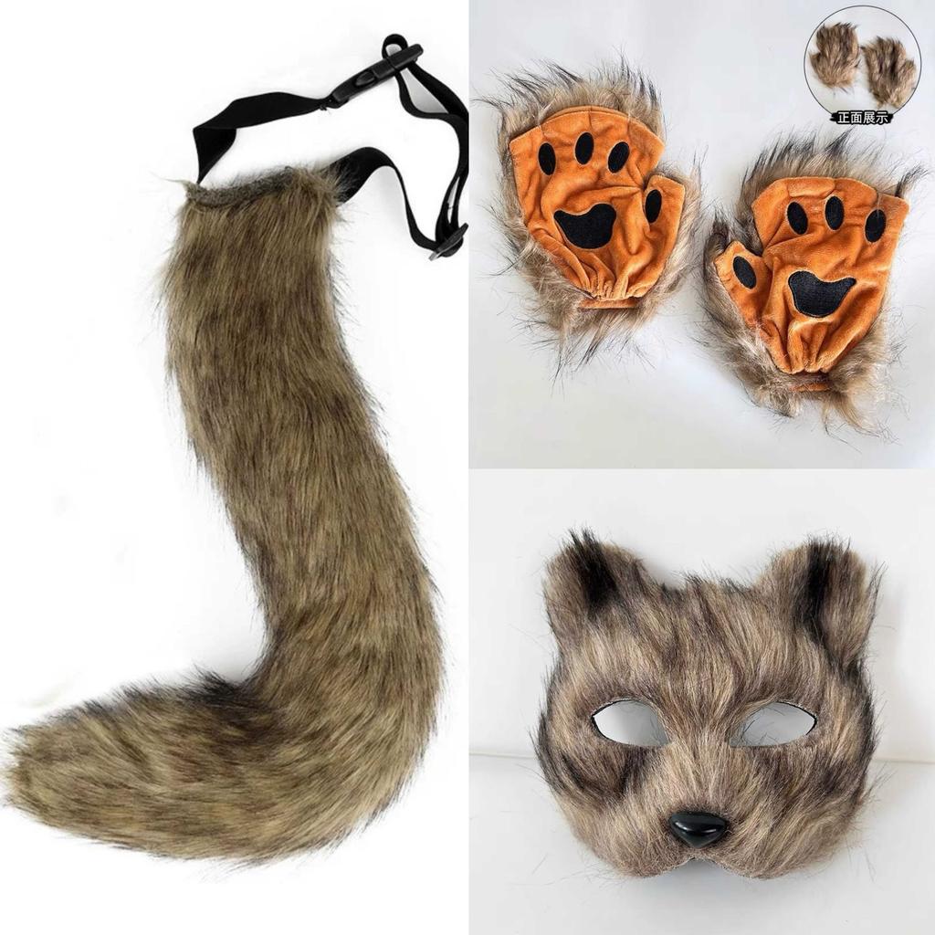 Halloween Carnival and Party Foxes Cosplay Set Including Plush Foxes Mask,Tail,Gloves Animal Dress Up Costume for Adult Cosplay