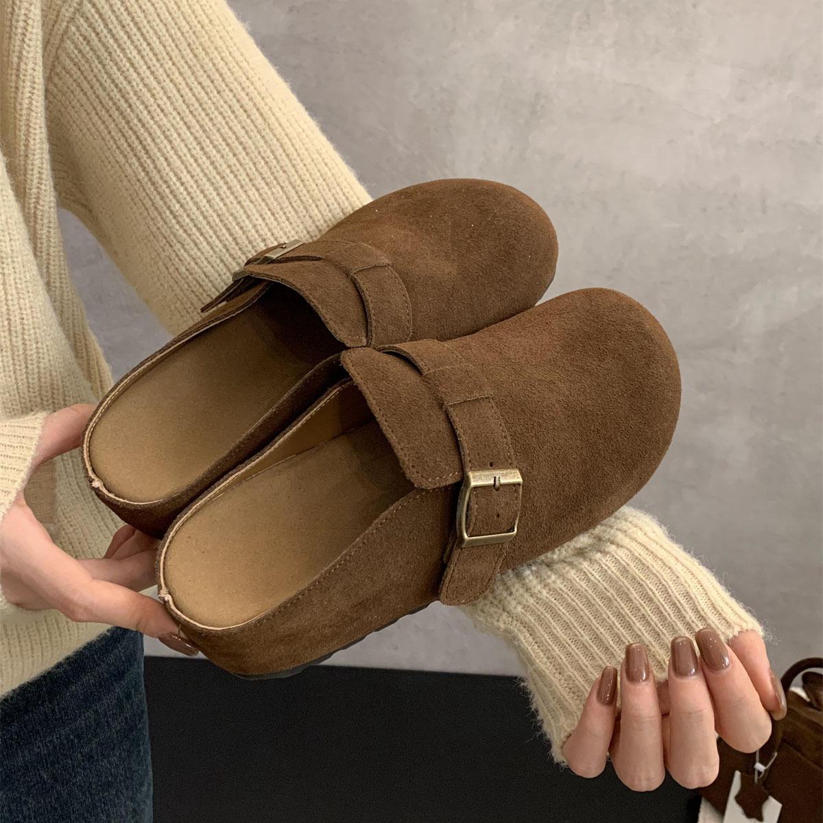 

5CM inner height increase for small people~ French Birkenstock shoes for women s spring and autumn new retro slope heel thick-soled half slippers for 40