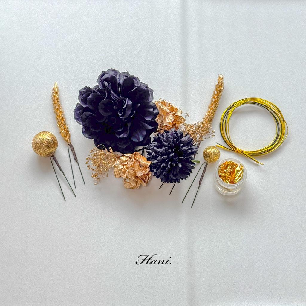 Black Dahlia and Ping Pong Mum Gold Dried Flower Hair Kimono Tamakanzashi Hairpin with Gold Leaf and Mizuhiki Perfect for and Furisode Stylish Black