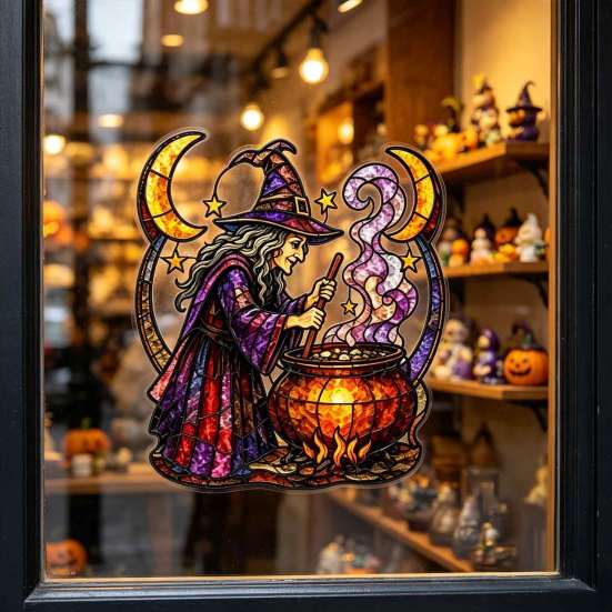Durable Halloween Vinyl Clings Witch And Medicine Cauldron Window Sticker, Stained Glass Effect PVC Decal Indoor Shop Decor for Doors