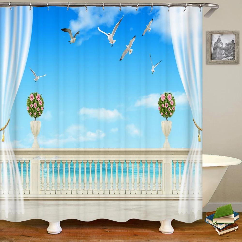 3D Window Opening Scenery Beach Landscape Printing Shower Curtain Washable Fabric Curtain Bathroom Decoration with Hook Curtain