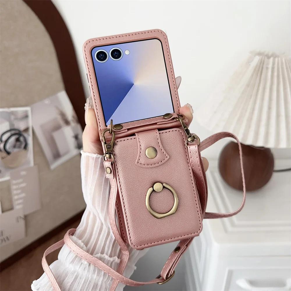 Crossbody Leather Finger Ring Holder Cards Solt Wallet Phone Case for Samsung Galaxy Z Flip 7 6 5 4 3 Flip7 FE Protective Cover