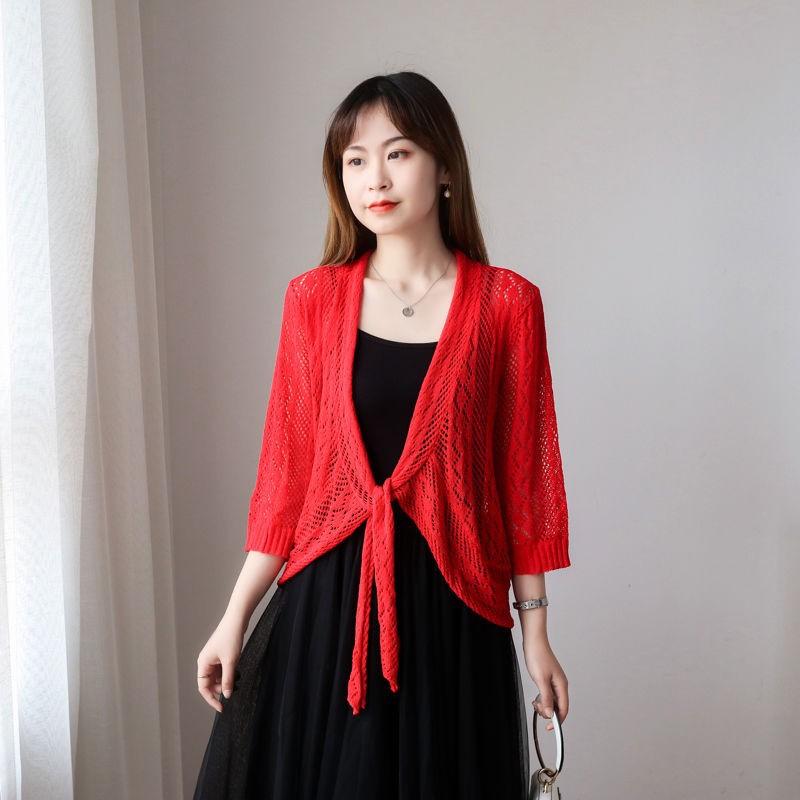 Spring and Autumn Short Thin Jacket Large Size Thin Knitted Cardigan with Skirt Small Outer Shawl Seven Sleeves Sunscreen Clothing Air Conditioning