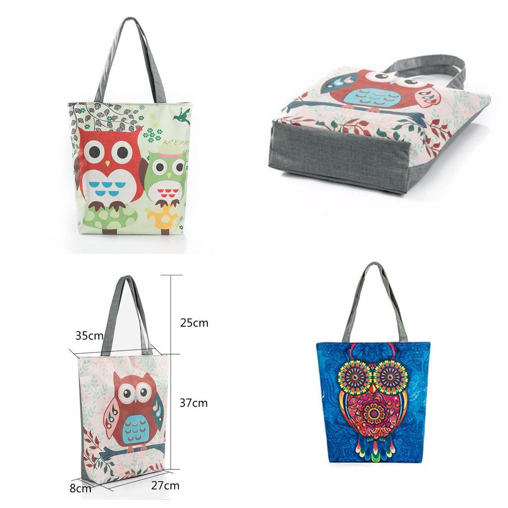 Stylish Women's Canvas Tote Shoulder Handbag Featuring Owl Design For Travel And Shopping