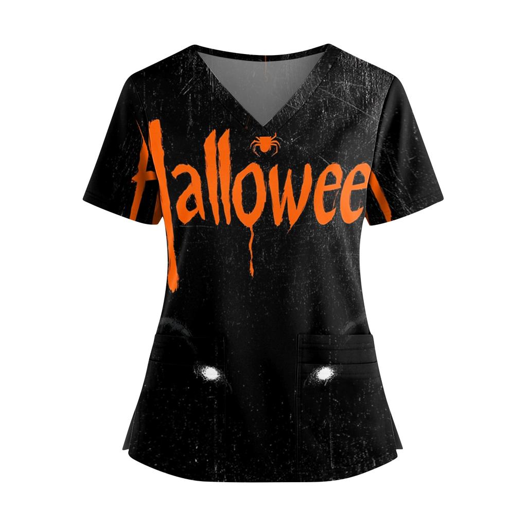 Womens V Neck Casual Halloween Print Top Short Sleeve Medical Scrub Shirt with Pockets Lightweight Comfortable Fit