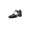 Fashion NEW Summer Women Sandals Split Leather Shoes for Women Square Toe Chunky Heel Shoes Retro Mid-heel Mary Janes Retro Black Shoes