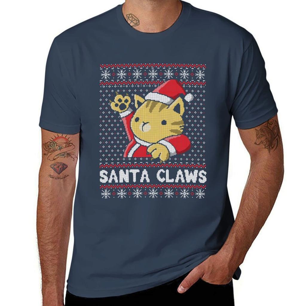 Xmas Ugly Sweater Cat Santa Claws Tshirt No Iron Casual Short Sleeve Top
