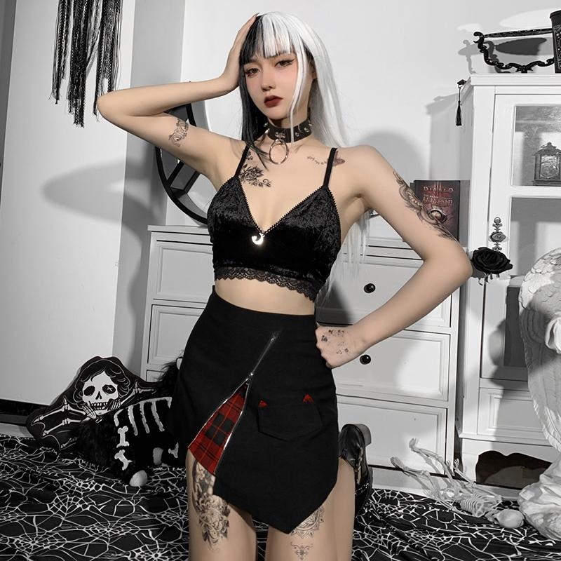 Women Gothic Punk Black Skirt Harajuku High Waist Zipper Mini Skirts Streetwear