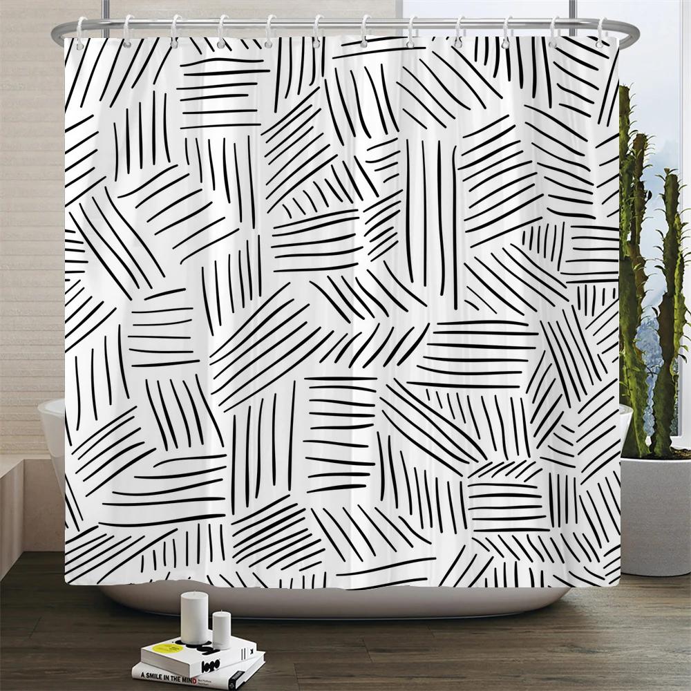 Black and White Geometric Pattern Shower Curtain Bathroom Waterproof Polyester Fabric Bath Screen Curtain Decor for Bathtub