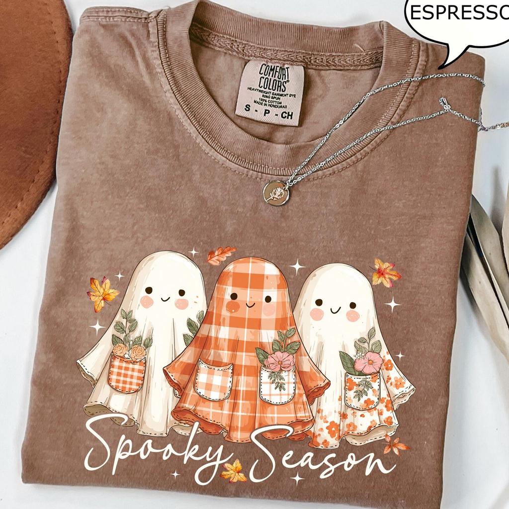 Comfort Colors® Spooky Season Ghost Shirt, Floral Ghost T-Shirt, Patchwork Ghost Shirt, Autumn Ghost Shirt, Halloween Fall Shirt