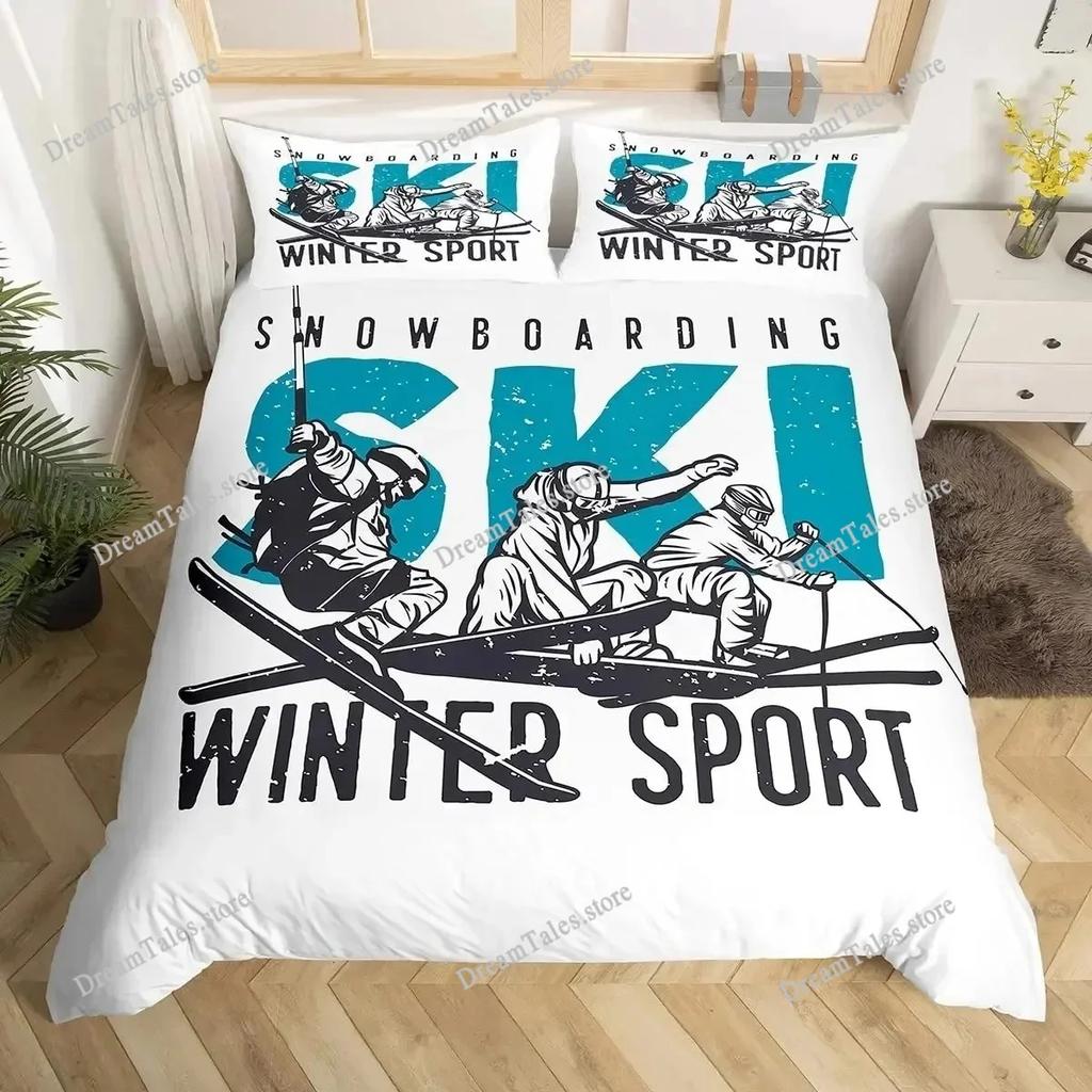 Ski Sports Duvet Cover Set Full Size Winter Sports Skiing Bedding Sets Snow Mountain Landscape Comforter Cover for Boys Girls369