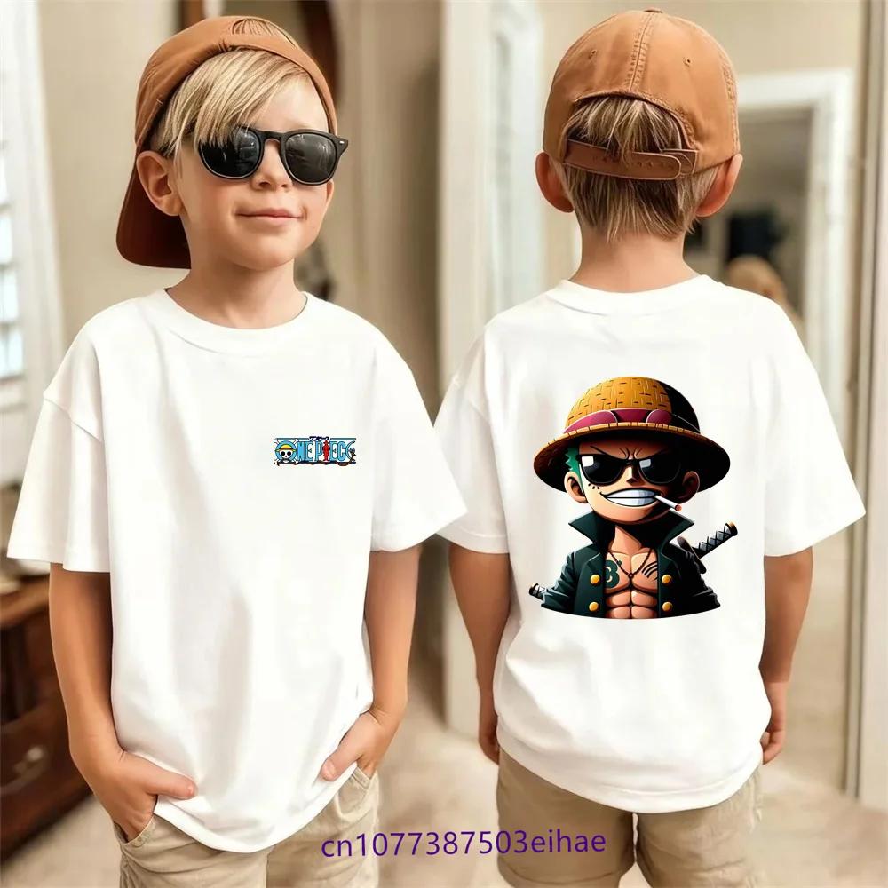 Stylish Kids Boys Luffy TShirt Anime One Piece Cartoon Print Summer Short Sleeve Breathable Lightweight Soft Cotton Daily Wear