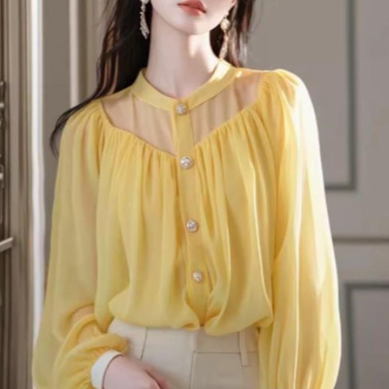 Yellow Charming Chiffon Blouse Women's Autumn Light Luxury High-End Unique Beautiful Fairy-Like Top