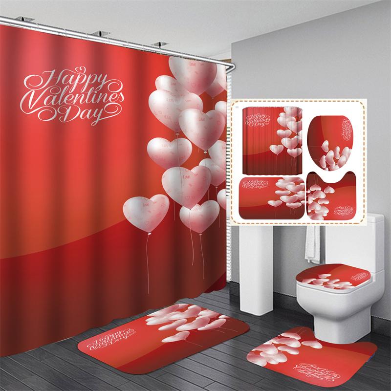 Valentine's Day Bathroom Bathing Waterproof Shower Curtain Home Entrance Doormat Bathtub 4Pcs Set Toilet Seat Cover Rugs Bath Non-Slip Floor Mat Love