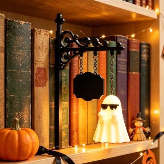 Retro Reading Corner Lamp Library Lantern Bookshelf Lamp, Vintage Metal LED Nightlight for Book Nook Decor, Gothic Home Decor Ghost Book/Wearing