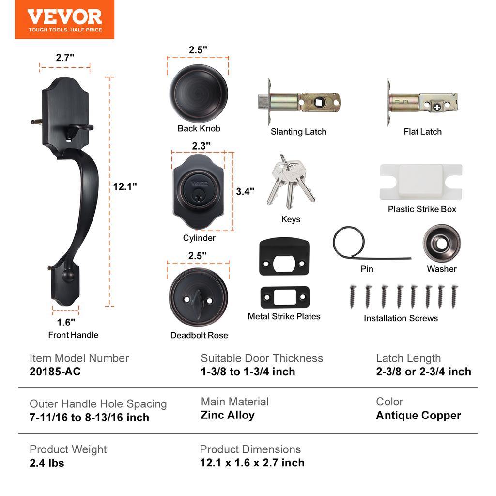 SucceBuy Front Door Handle Deadbolt Set Front Door Lock Set with Interior Knob Adjustable Hole Spacing Single Cylinder Handleset