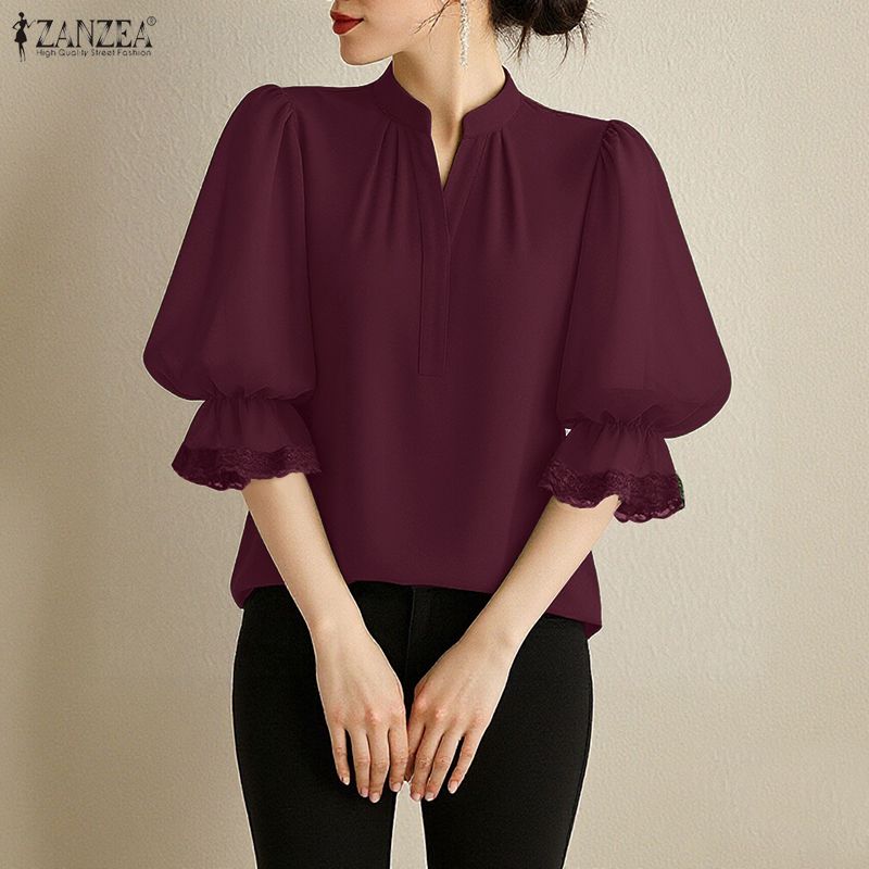 ZANZEA Women Casual V-neck Solid Color 3/4 Sleeve Loose Blouse