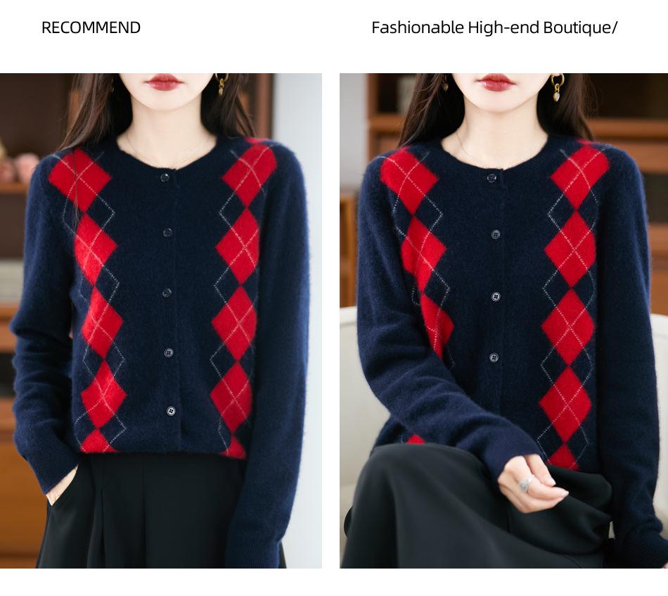 Women's 100% Wool Cashmere Cardigan, Round Neck, Loose Knit, Soft Thickened Coat for Autumn/Winter.
