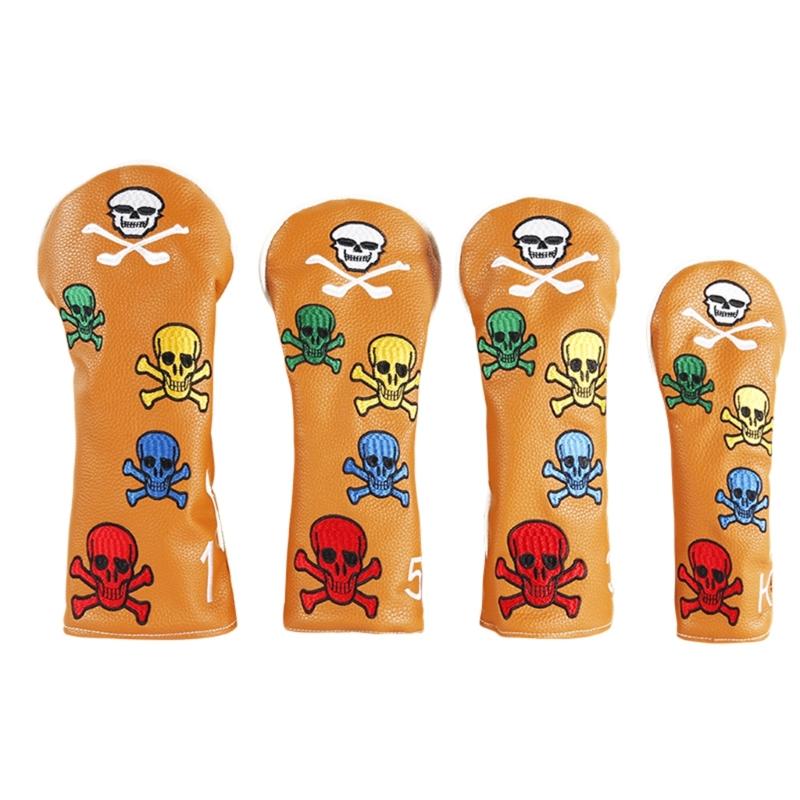 4Pcs PU Leather Golfs Club Head Cover Golfs Driver Headcover Skull Pattern Fairway Wood Headcover Hybrid Head Cover
