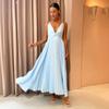 Vestido falda plisado de primavera y verano europeo y americano con cuello en V vestido privado de tirantes de péndulo medio y largo