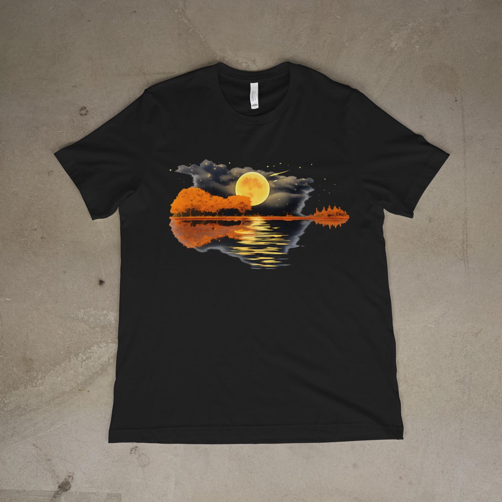 Golden Moon Lake Reflection Shirt, Night Landscape Nature Graphic Tee L