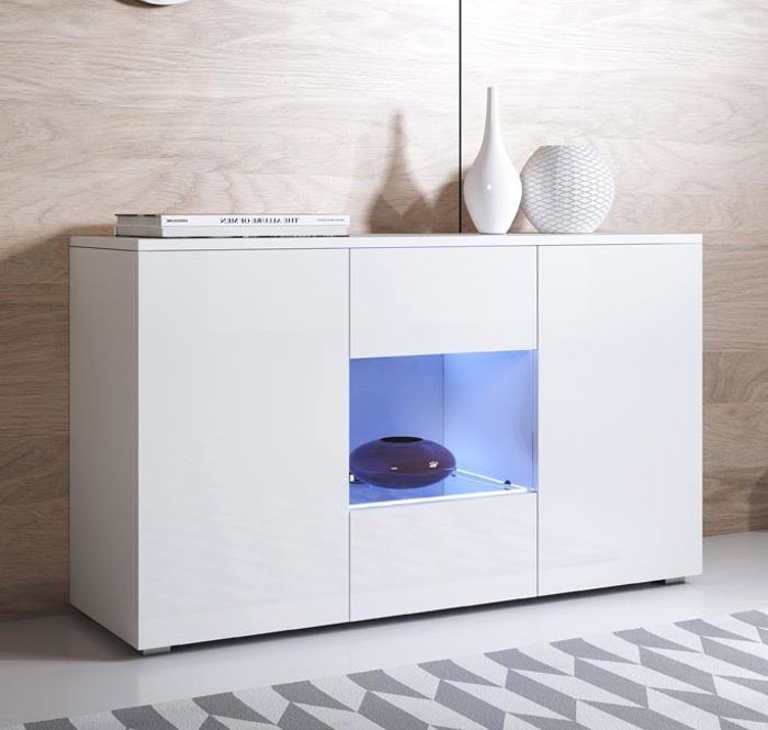 Buffet Sideboard 3 Doors 2 Shelves LED Display Cabinet | 120 X 72 X 40 Cm | Color White Gloss Finish | Storage | LUKE A2