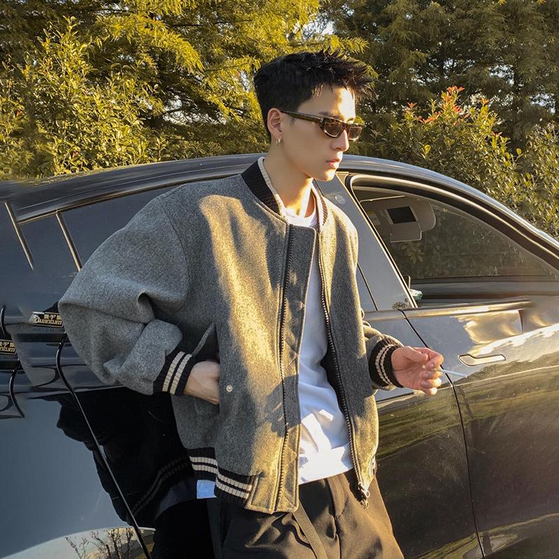 Men's Gray Woolen Bomber Jacket - Retro Baseball Style for Spring and Autumn
