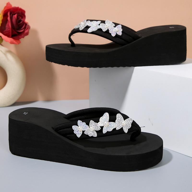 Fashion 2024 Summer Sandals New Style Shiny Butterfly Flower Thick Sole Wedge Heel Round Toe Clip Comfortable Flip Flops for Women