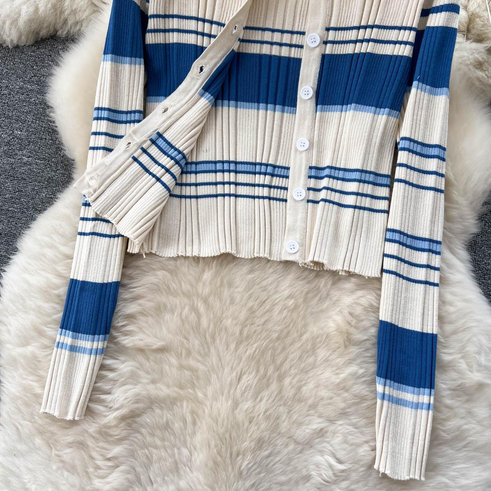 Autumn and Winter Small Fragrant Wind Stripes Collision Color Sexy Lapel Striped Knit Shirt Plus Halter Dress Two-piece