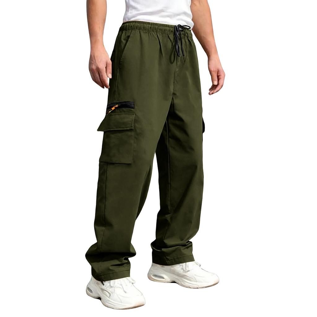 Men's Multi Pocket Work Pants Casual Loose Fit Utility Trousers with Drawstring Waist Durable Material for Daily Wear