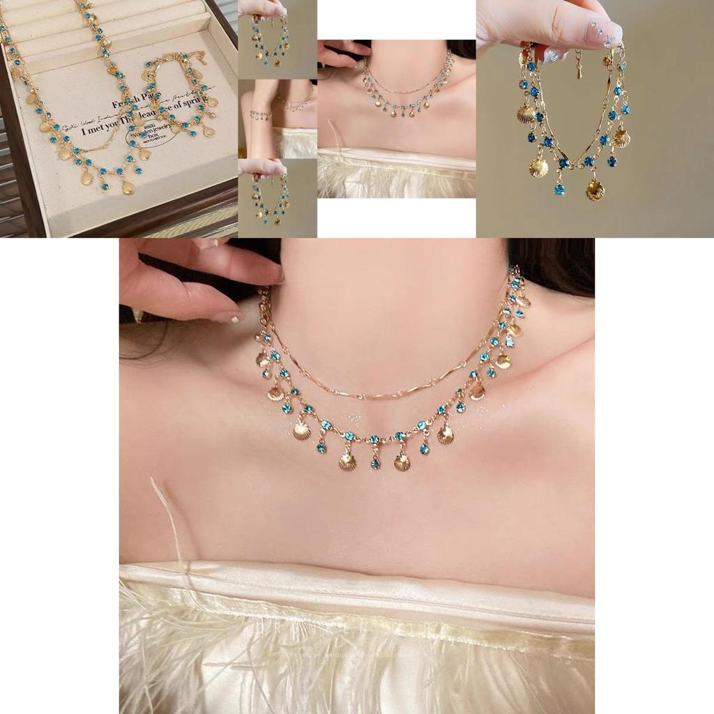 Exotic Ethnic Blue Shell Necklace With Sparkling Zircon Artistic And Vintage Look