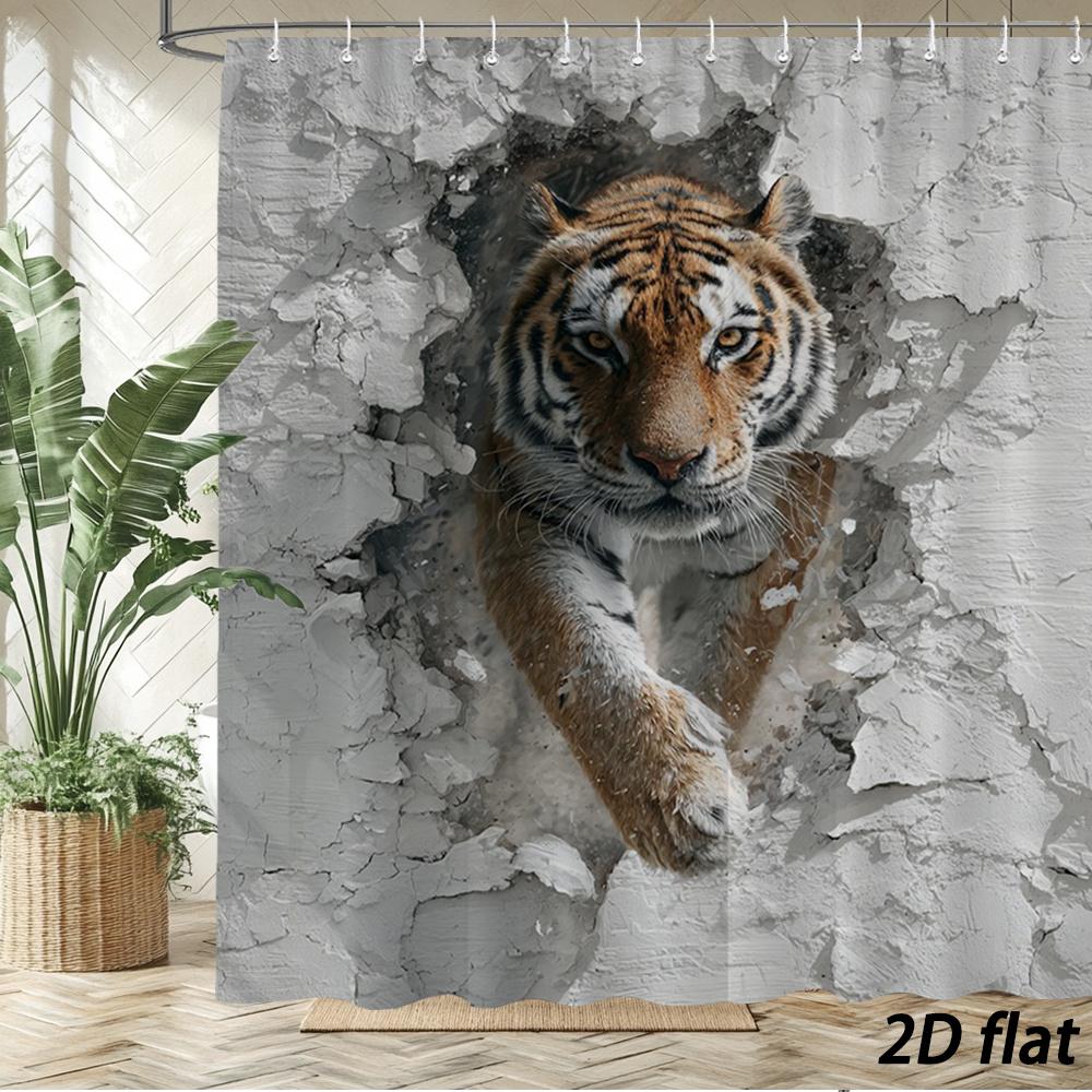 

Tiger Breaking Through Wall Shower Curtain – Realistic 3D Wildlife Print Polyester Bath Decor 70.8X70.8In, 12 Hooks W60H190(CM)-1 Pcs