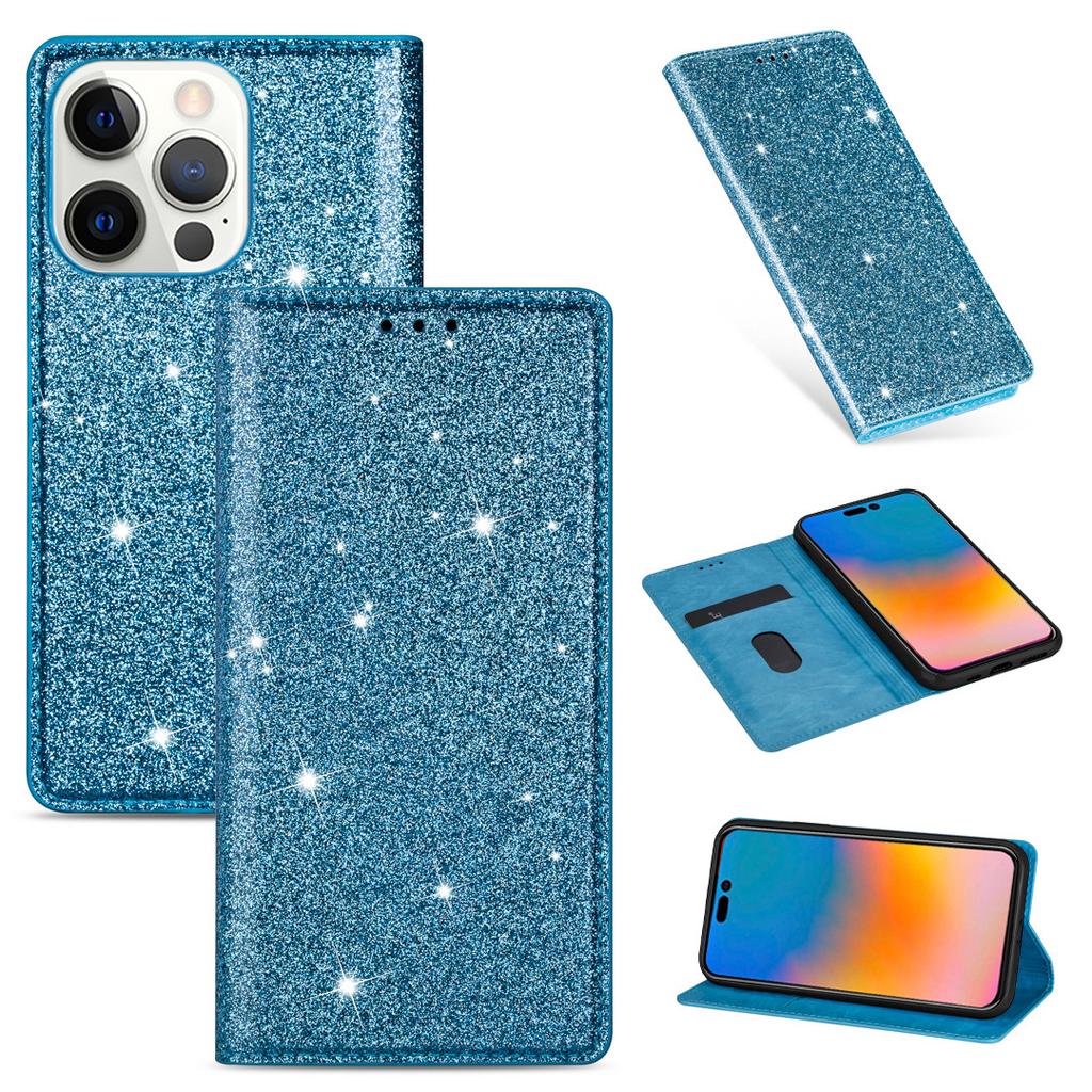 Applicable to Apple 15 glitter magnetic suction multi-card leather case 15pro women's glossy protective case 16pro card case