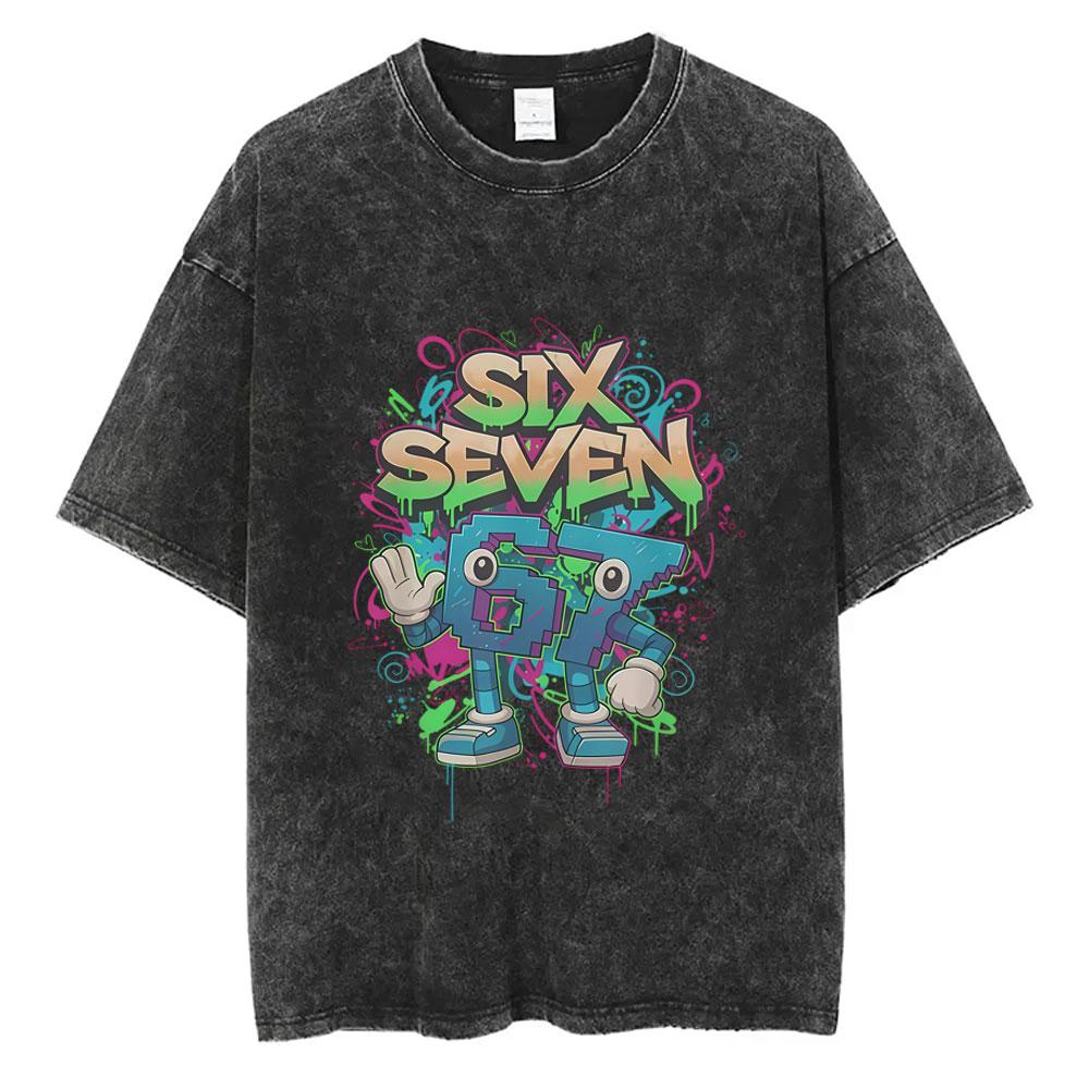 Funny Italian Brainrot Vintage Washed Tshirt Six Seven Number Tshirt Men Women Casual Oversized Streetwear Male Casual Tees