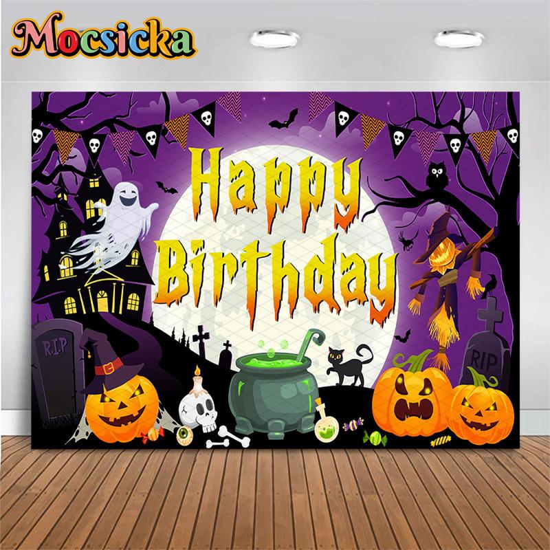 Mocsicka Halloween Happy Birthday Photography Backdrop Haunted House Pumpkin Background Cloth Kid Party Photo Booth Studio Decor