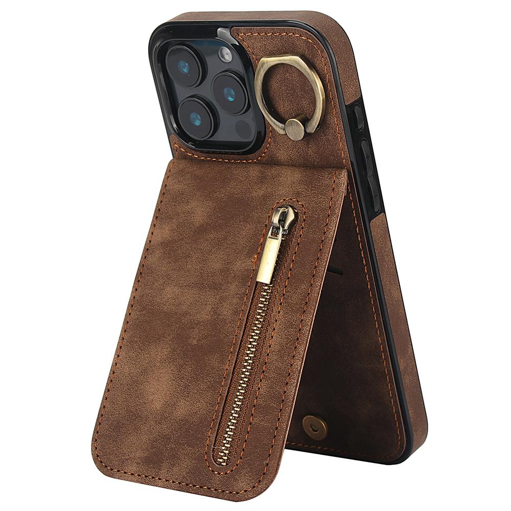 For iPhone 16 Pro Case RFID Blocking Ring Kickstand Retro Leather+TPU Anti-Fall Phone Cover F