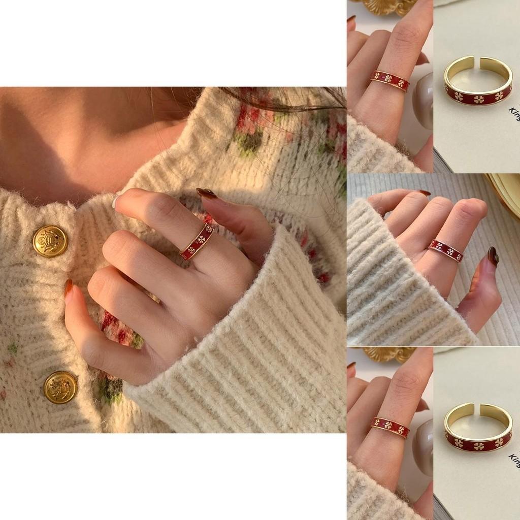 Elegant Floral Copper Ring For Women With Adjustable Open Design In Red Color For 2023 Trendy Style