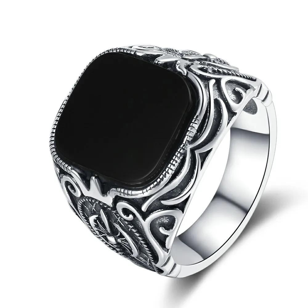 Vintage CopperJewelry Ring Natural 12*14mm Rectangle Big Black Agate Stone Rings For Men Women Party Anniversary Gift