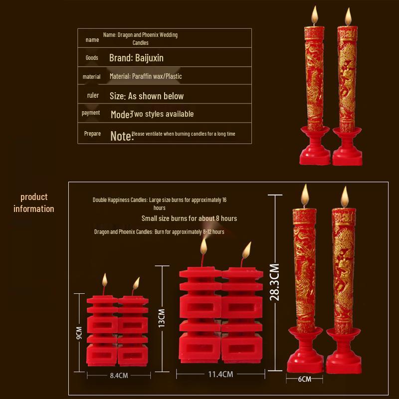 Double Happiness Wedding Candles: Smokeless Red Dragon and Phoenix Pair for Bridal Chamber