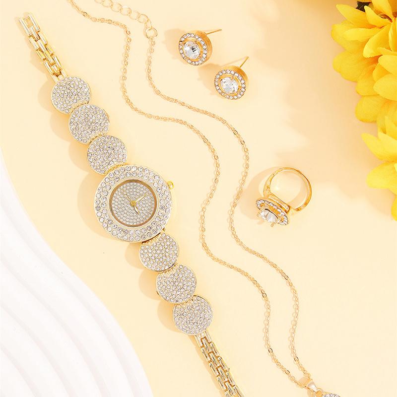 5Pcs Personalized Luxury Women's Gold Quartz Watch with Diamonds Geometric Round Girl Pendant Necklace Earrings Ring Jewelry Set