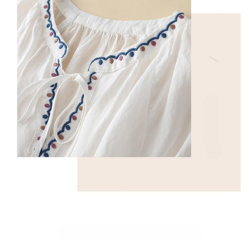 New Embroidered V-neck Summer Women Blosue Short Sleeve Loose T-shirt Ladies Sweet Solid Color Lace-up Shirts Office Clothing