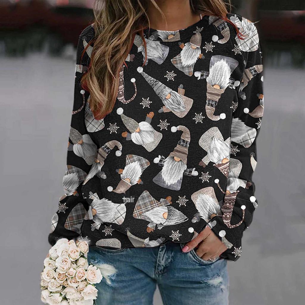 Popular European & American Women's Christmas Snowman Print Loose Long Sleeve Top