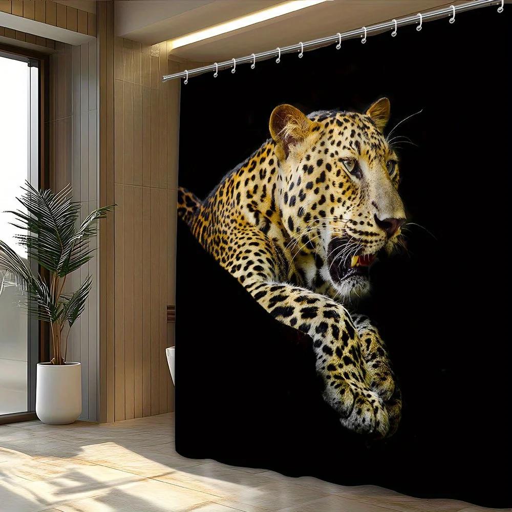 1pc Majestic Leopard Shower Curtain with Golden Coat - Black-and-Yellow High-Contrast Design, Intense Gaze 180x180cm