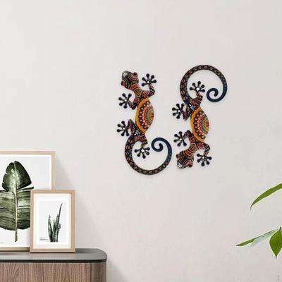 2Pcs Metal Gecko Wall Art Decor Hanging 5.91" Colorful Indoor Outdoor Ornaments for