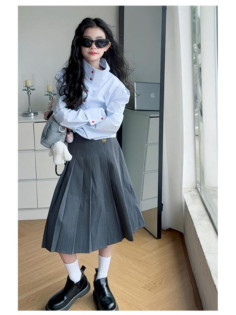 2025 Girls' Mid-Length Pleated Skirt with Bow & Metal Logo - Spring & Autumn Wear