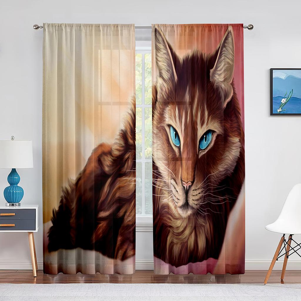 Niedliche Katze Goldfisch Fantasy Kunst Bunte Tüllvorhänge für Heimfensterdeko Schlafzimmer Küche Modern Chiffon Transparent Voile Vorhang