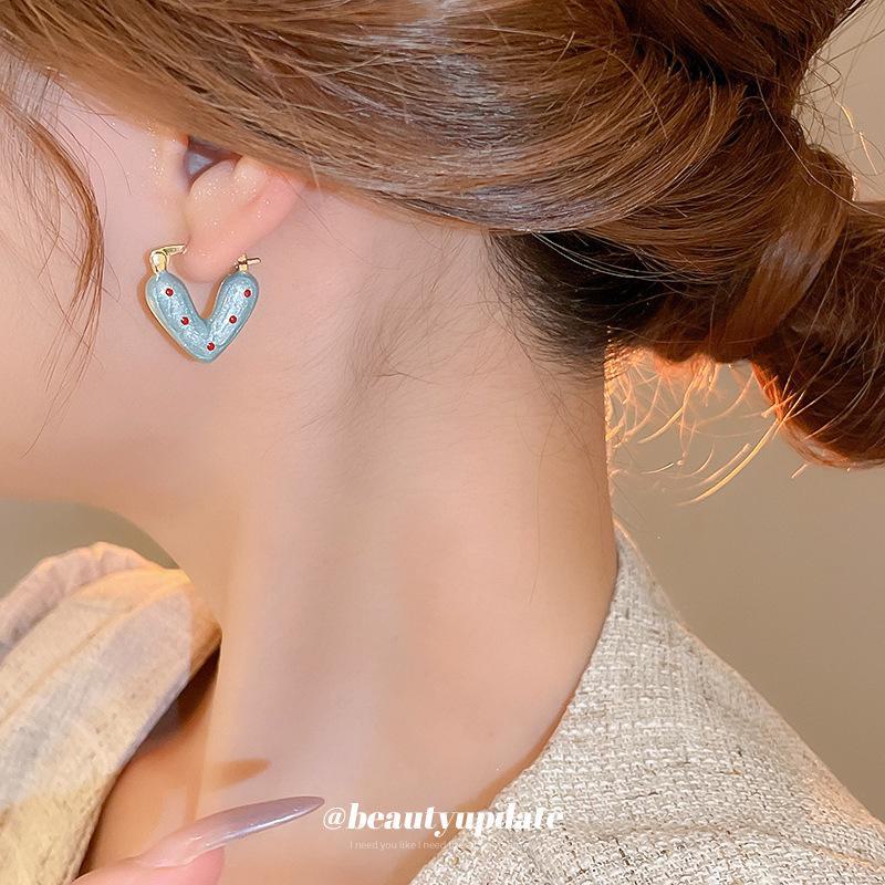 "2024 Silver Needle Heart Earrings: Red & Blue Polka Dot, Cute & Chic Style for Everyday Wear"