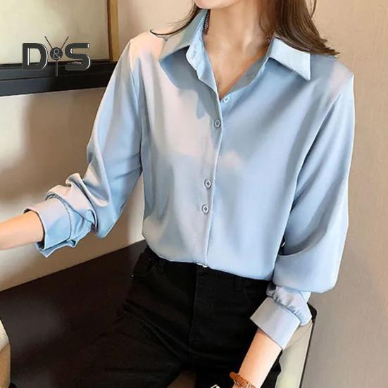 Women Shirt Pure Color Single Breasted Turn Down Collar Plus Size Long Sleeve Cardigan Soft Casual OL Commute Bottom Blouse Lady Top