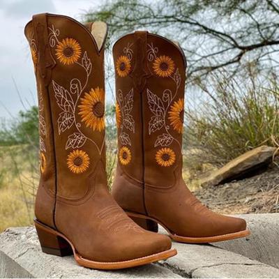 Women Thick Heel Boots Fashion Sunflower Printed Knight Shoes