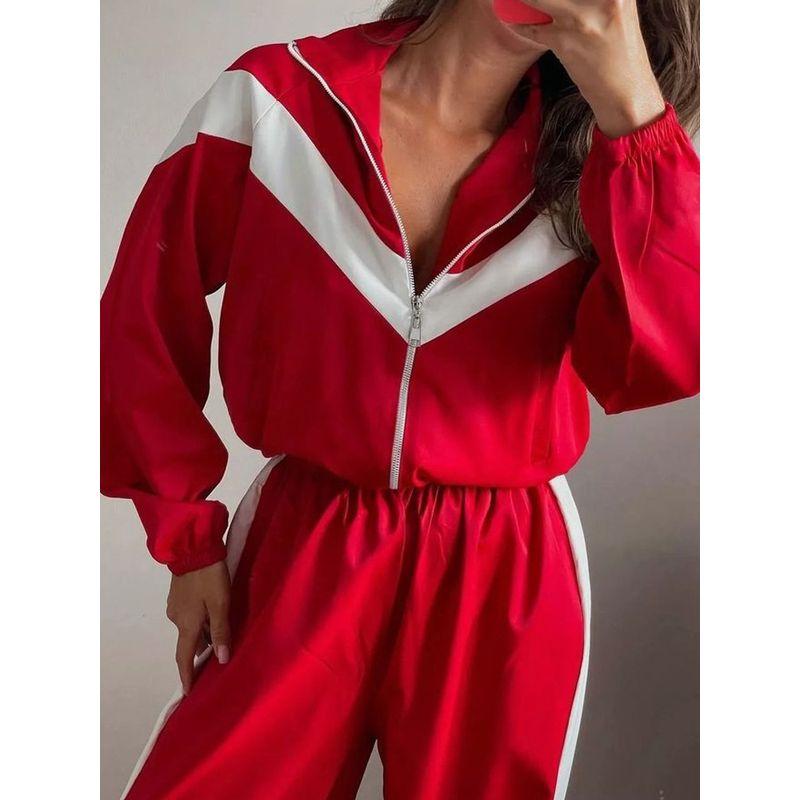 Western Style New Fashion Casual Loose Color Matching Zip-up Outerwear Trousers Set Top and Pants Set